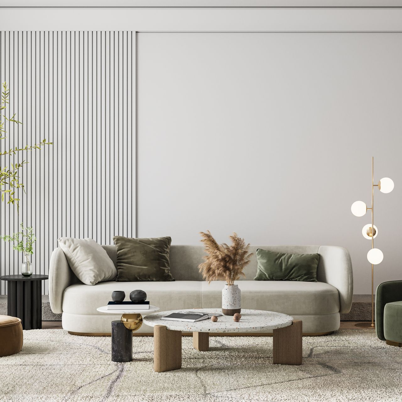 Salon avec un canapé, une table basse et le tapis au sol.