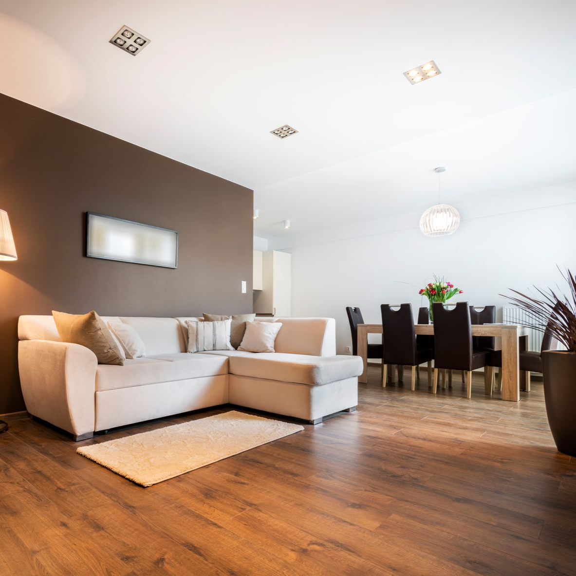 Salon avec le parquet au sol, un canapé et un mur marron.