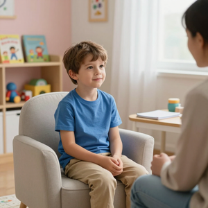 Un niño sentado en una silla conversa con un adulto en una luminosa sala de juegos.