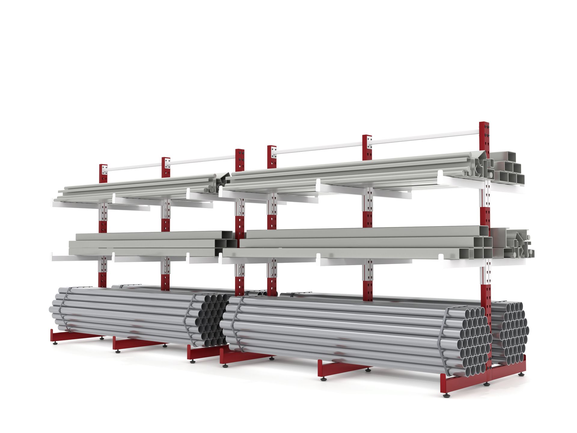 Rayonnages en porte-à-faux rouges et blancs supportant des piles de tubes et de barres métalliques argentés dans un entrepôt.