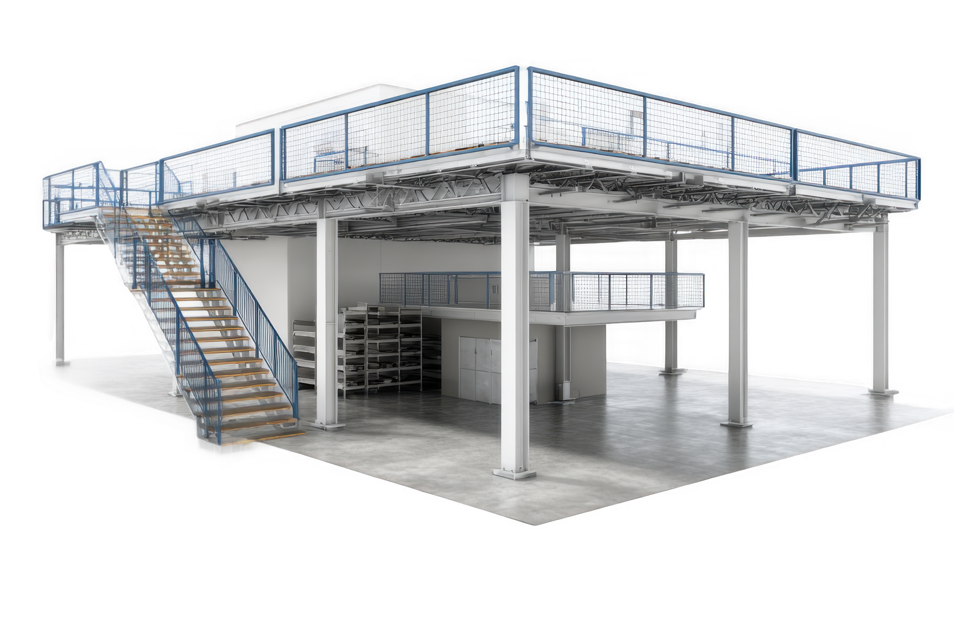 Plateforme industrielle surélevée avec escalier et rambarde, reposant sur des colonnes de support blanches.