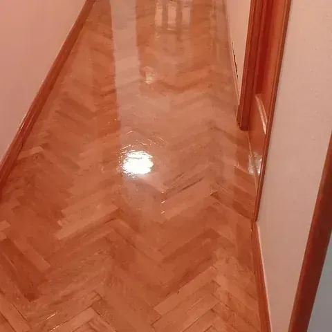 Un pasillo con suelo de madera y una puerta.