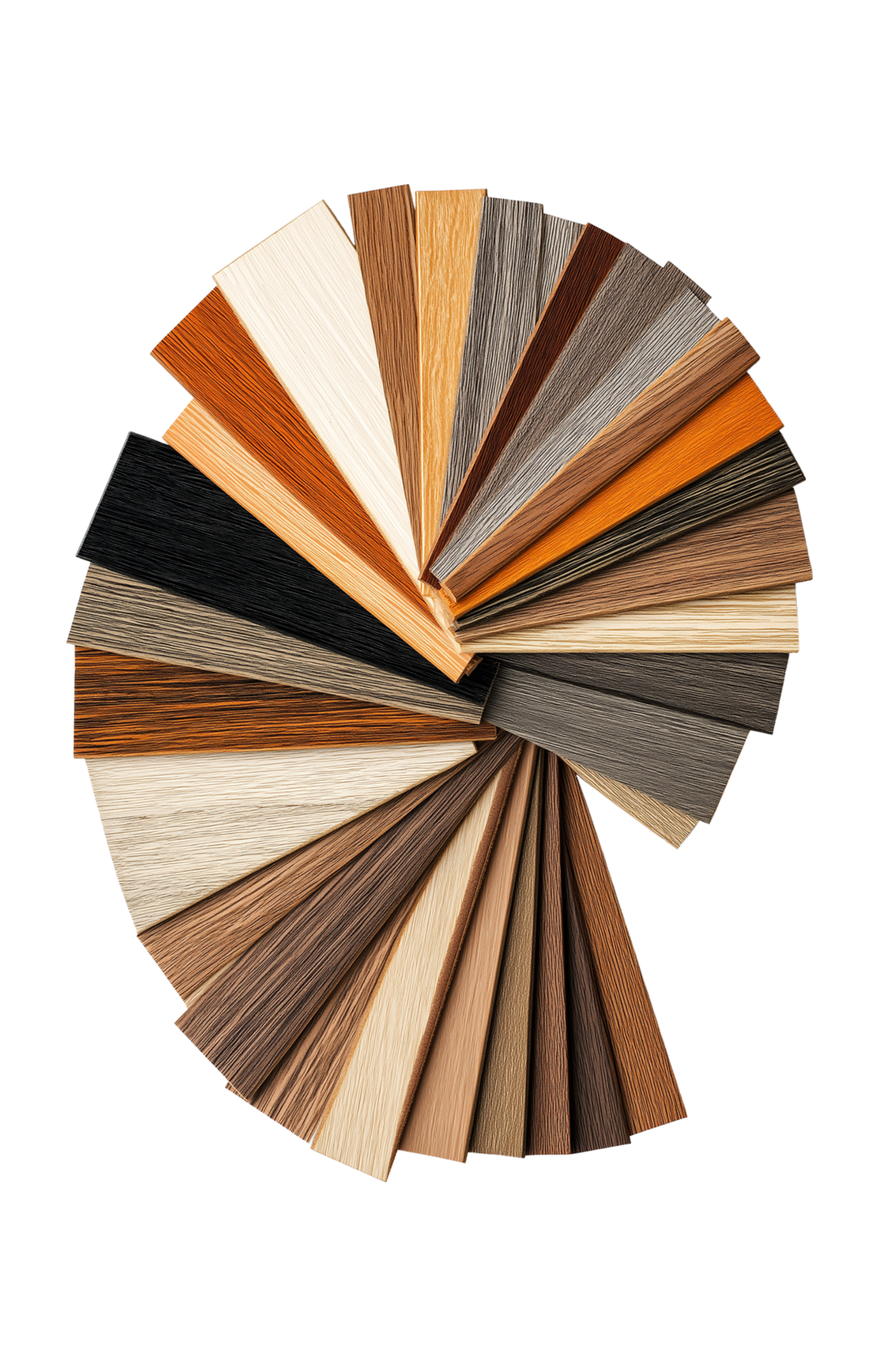 Tourbillon d'échantillons de placage de bois de couleurs et de motifs de grain variés.