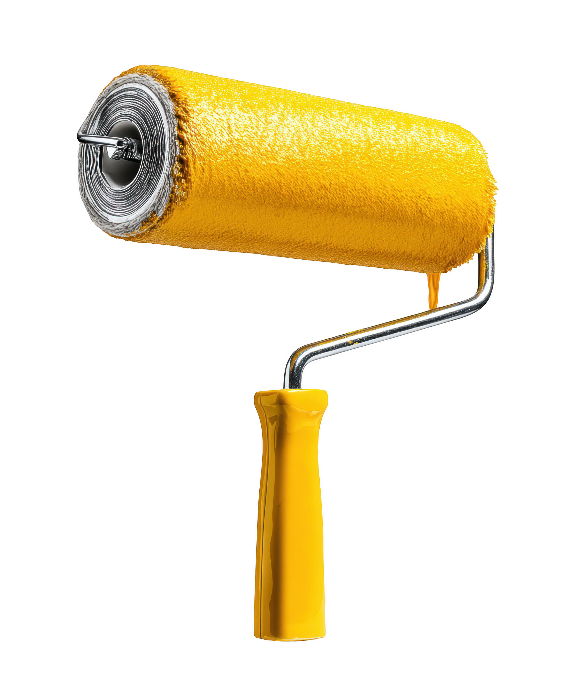 Rouleau à peinture jaune à manche jaune, fond blanc.