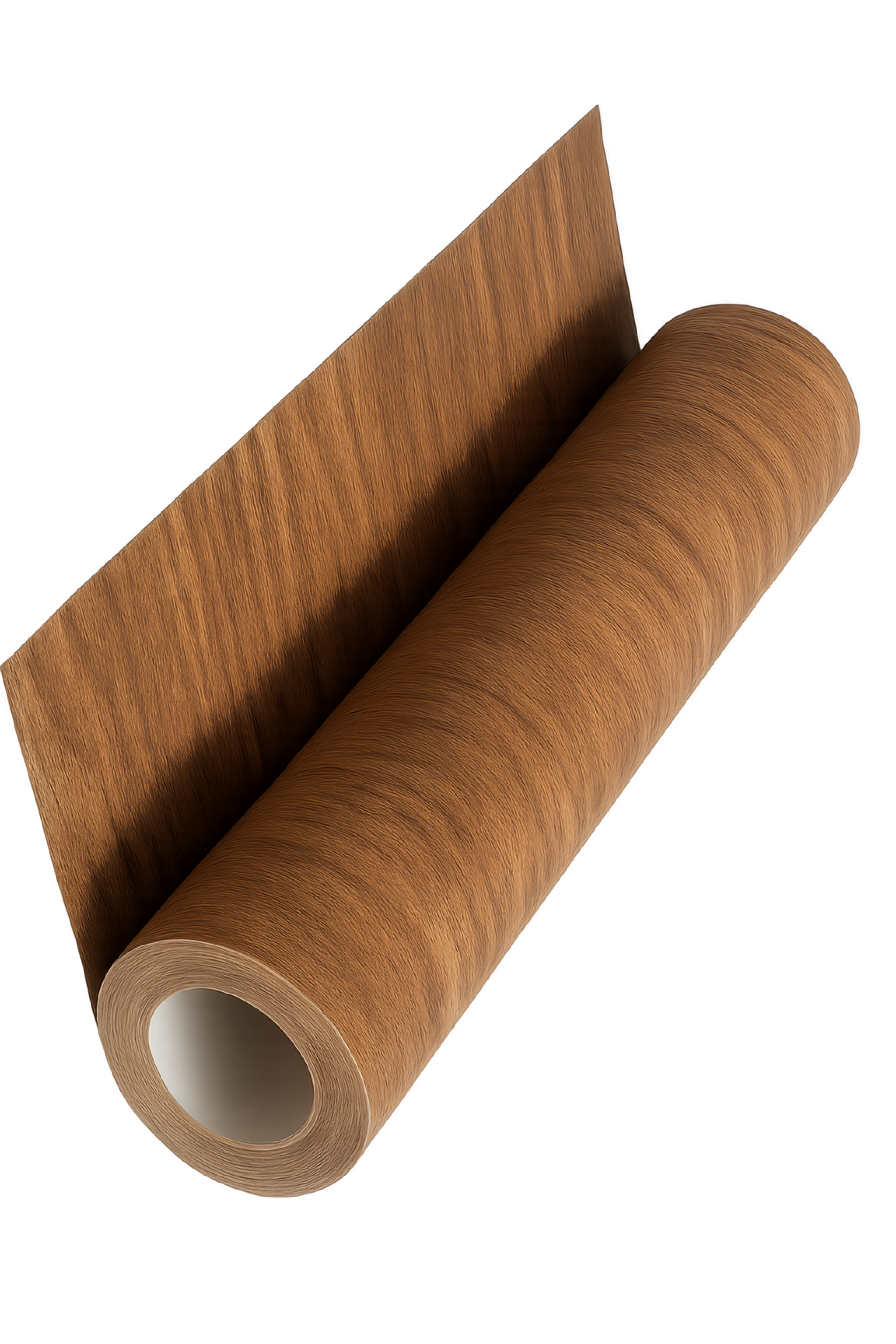 Rouleau de papier de vinyle brun, partiellement déroulé, à âme blanche.