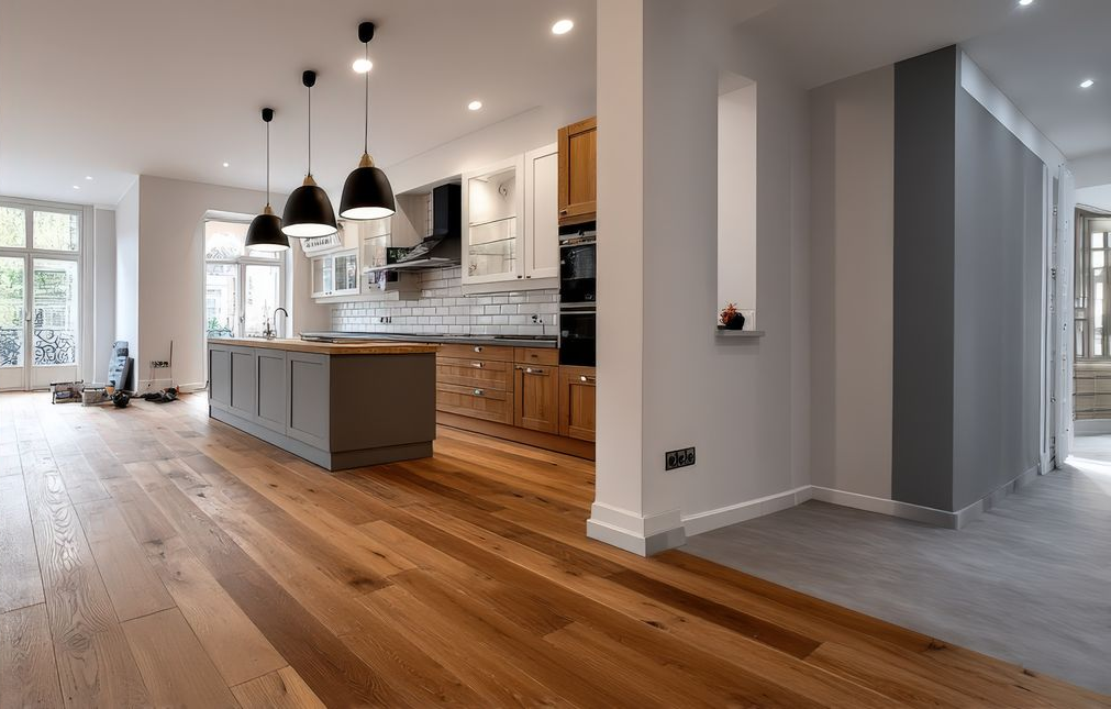 Cuisine ouverte avec parquet, îlot central et placards ; des suspensions lumineuses éclairent le plafond.