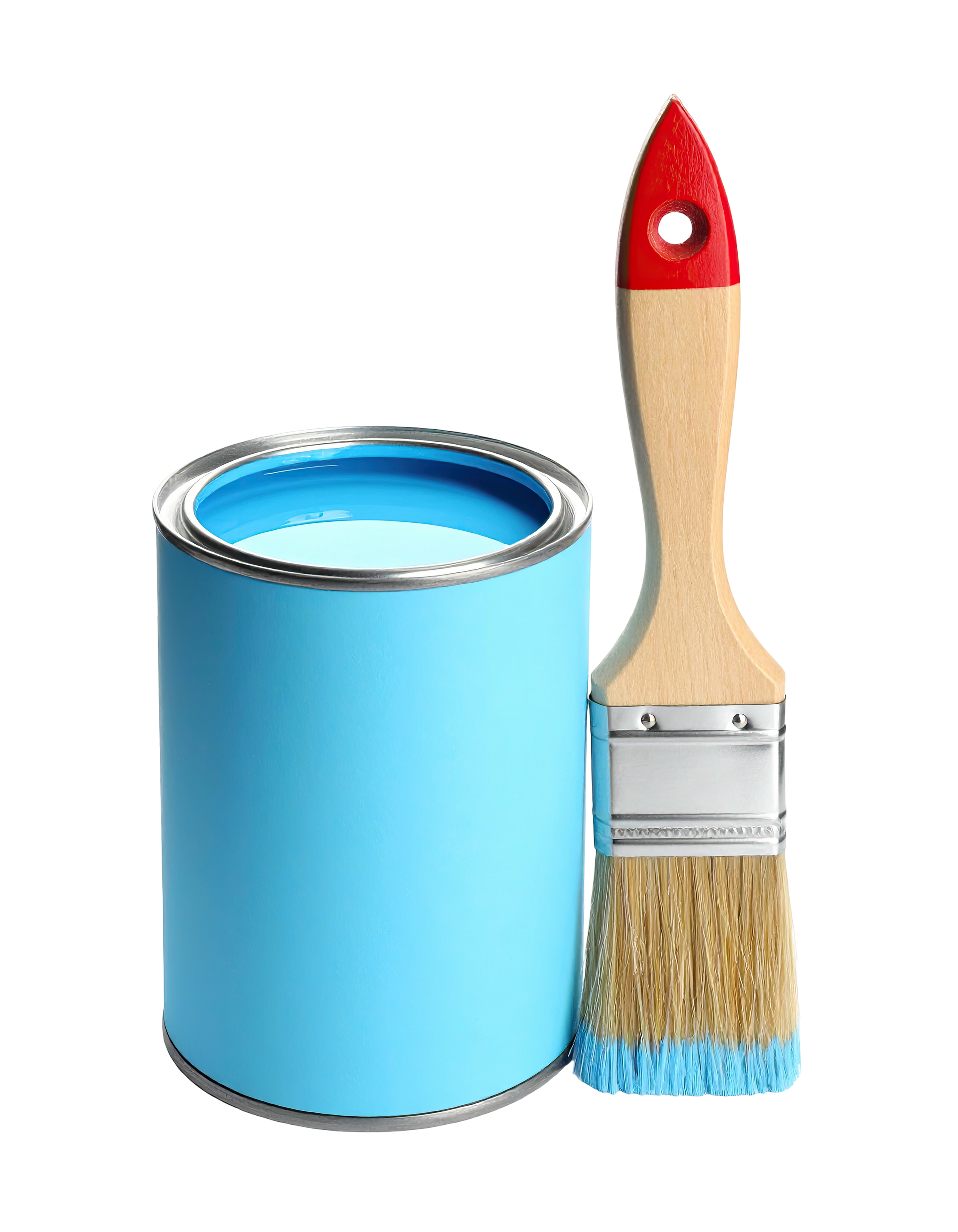 Pot de peinture bleue et pinceau avec de la peinture bleue sur les poils.