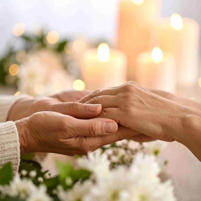 Dos manos unidas suavemente, iluminadas por la luz de las velas y rodeadas de flores blancas y un bokeh borroso.