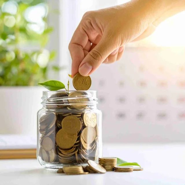 Mano colocando una moneda en un frasco de vidrio lleno de monedas, simbolizando el ahorro. Entorno luminoso con una planta al fondo.