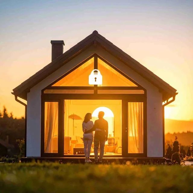 Pareja de pie frente a una pequeña casa con las puertas abiertas mientras se pone el sol, proyectando un resplandor cálido.