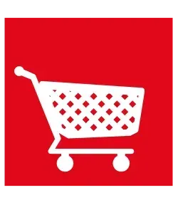 Un carrito de compras blanco sobre un fondo rojo.