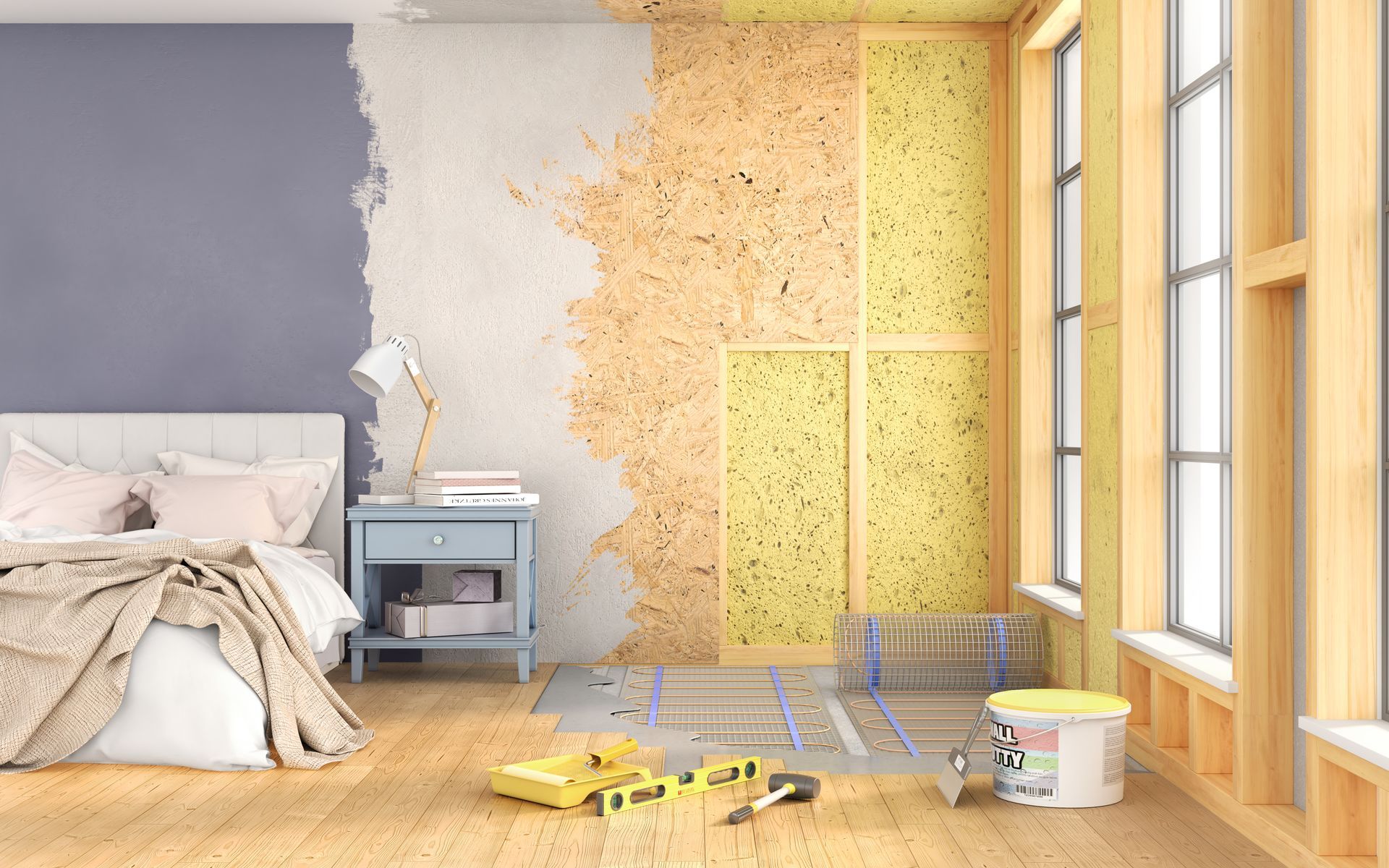 Un mur de chambre en cours de rénovation, avec un lit, une table de chevet et des outils de construction au sol.