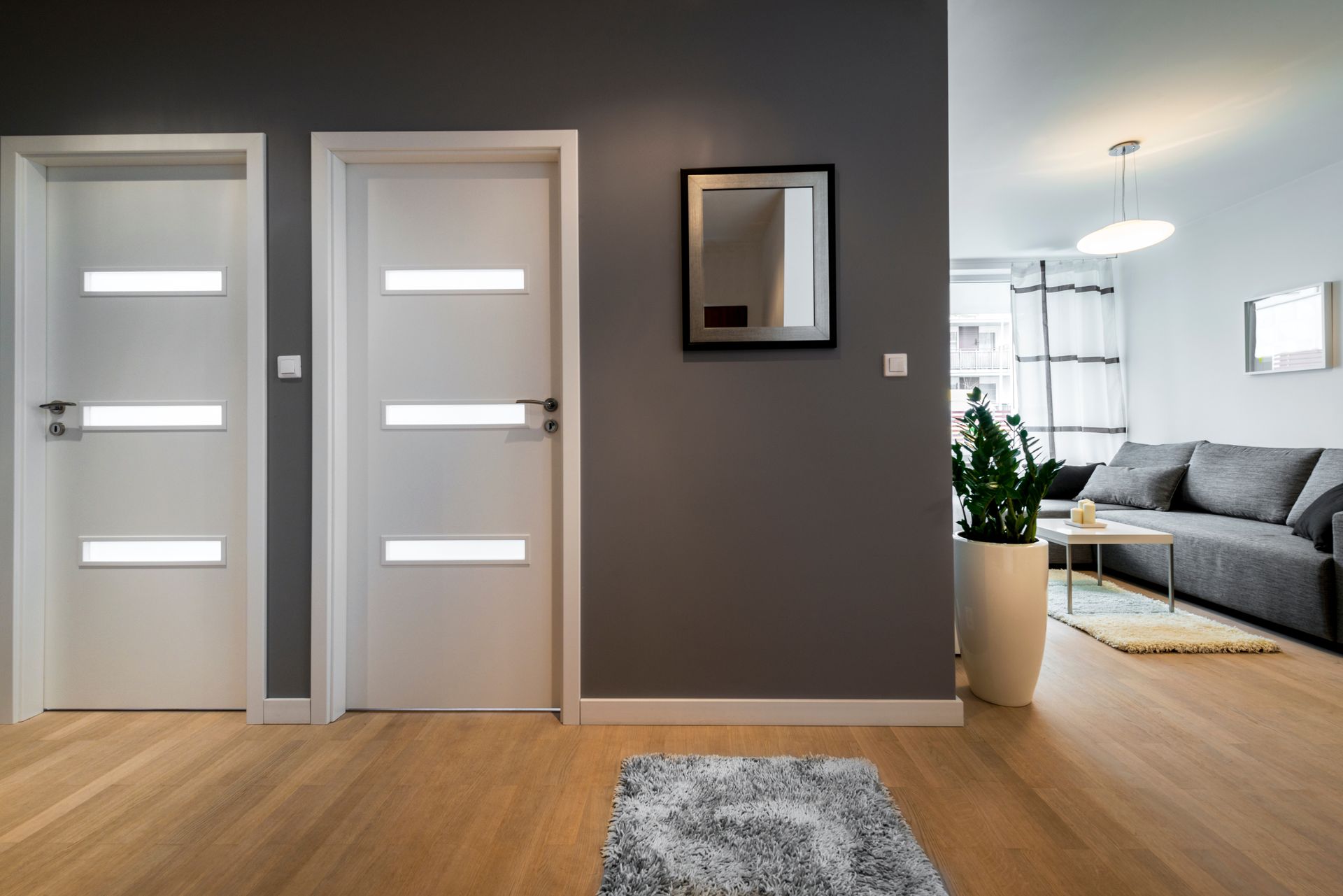 Couloir moderne avec deux portes à panneaux blancs, murs gris foncé, parquet et vue sur un salon avec un canapé.