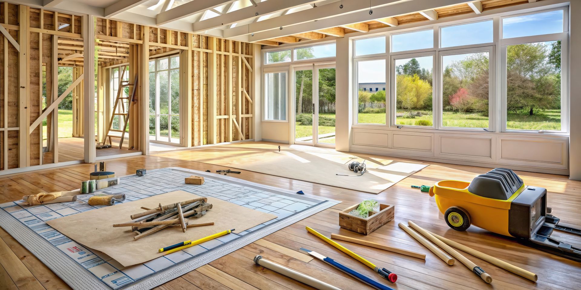 Une pièce en construction, inachevée, avec une ossature murale en bois, de grandes fenêtres donnant sur une pelouse et des outils de construction.