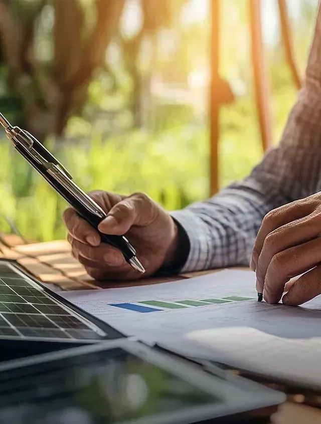 Persona que sostiene un bolígrafo sobre un gráfico, cerca de un panel solar y una tableta, al aire libre bajo la luz del sol.