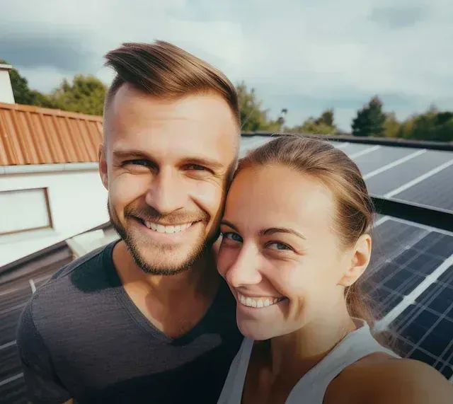Pareja sonriente, posando para una selfie en una azotea con paneles solares.