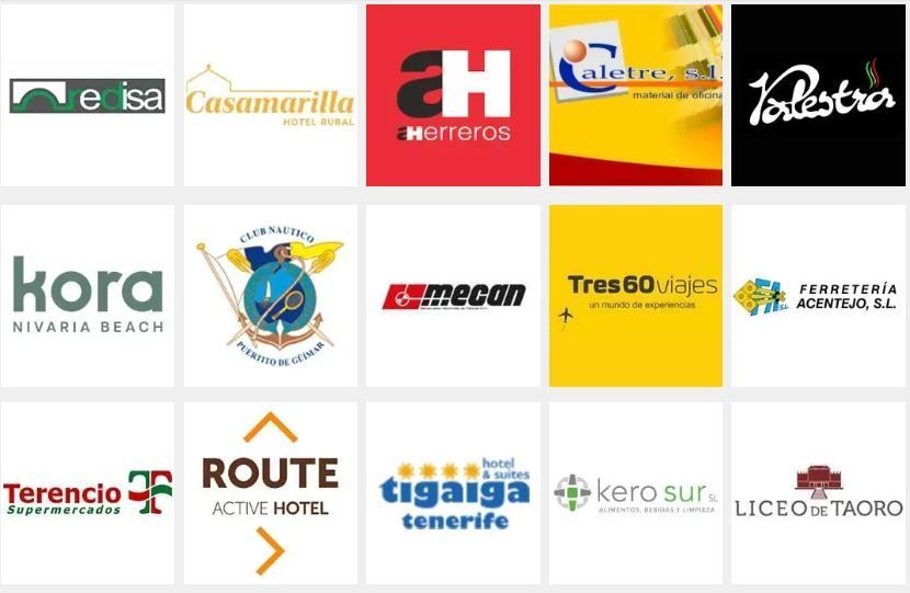 Logotipos de diversos negocios, incluidos hoteles, agencias de viajes y tiendas.