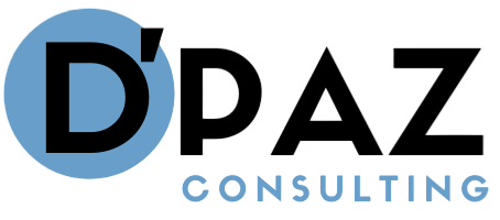 Logotipo de "D'PAZ CONSULTING", texto negro, "D'" dentro de un círculo azul. "CONSULTING" debajo del nombre.