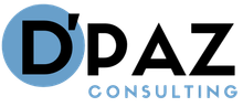 Logotipo de "D'PAZ CONSULTING", texto negro, "D'" dentro de un círculo azul. "CONSULTING" debajo del nombre.