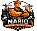 Logo de construcción con obrero ilustrado, grúas y texto “MARIO REFORMAS Y CONSTRUCCIONES”
