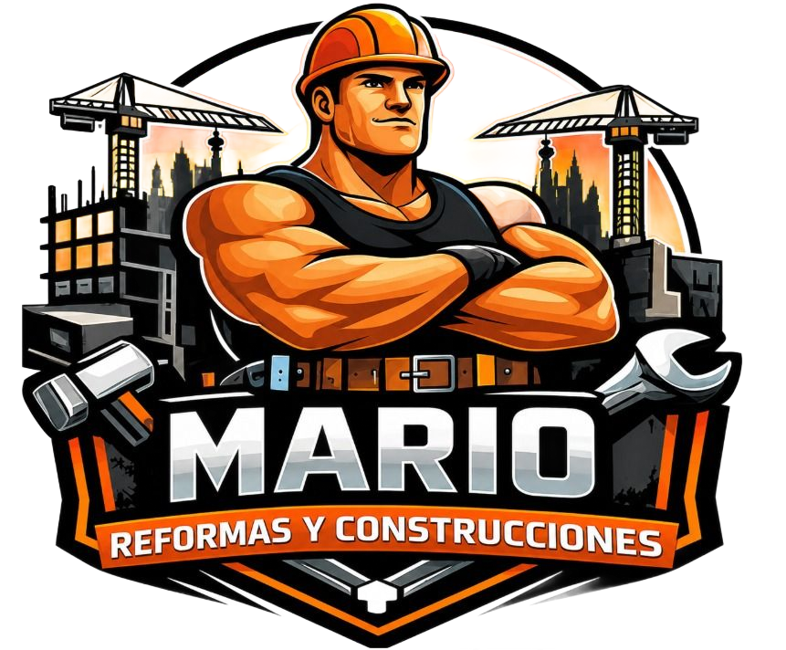 Logo de construcción con obrero ilustrado, grúas y texto “MARIO REFORMAS Y CONSTRUCCIONES”