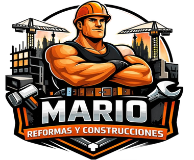 Logo de construcción con obrero ilustrado, grúas y texto “MARIO REFORMAS Y CONSTRUCCIONES”