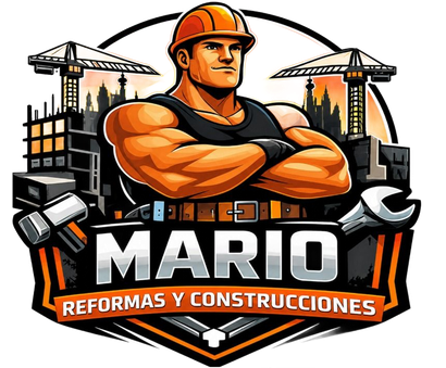 Logotipo de un trabajador de la construcción con grúas y herramientas, con la inscripción “MARIO Reformas y Construcciones”.