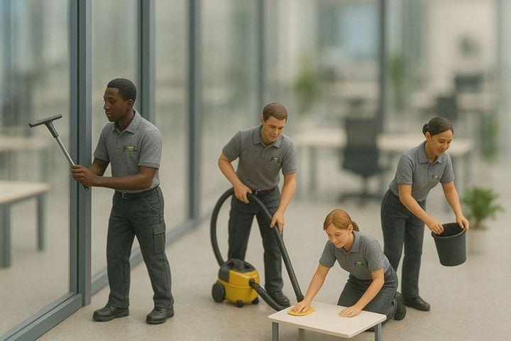 Eine Person reinigt den Boden mit einem Mopp und einem Eimer.