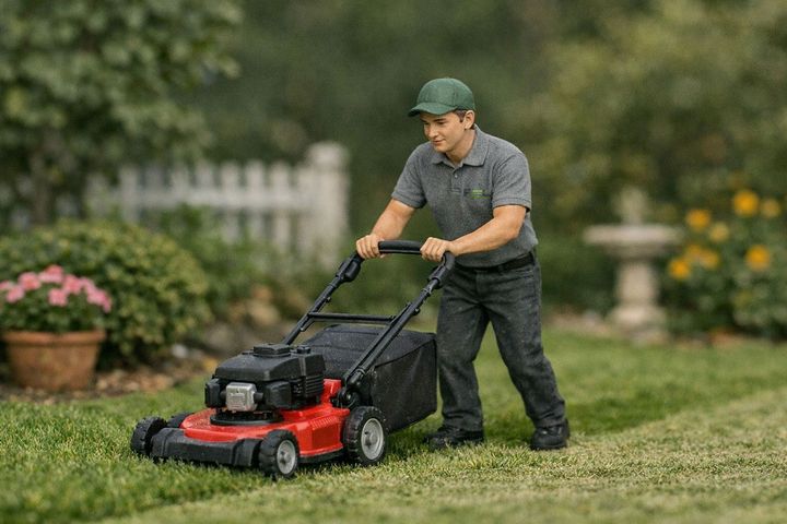 Ein Mann reinigt den Boden mit einer Maschine.
