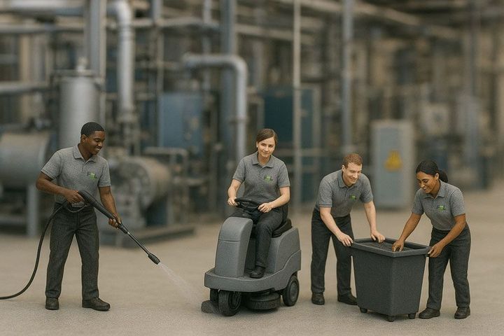 Ein Mann reinigt den Boden mit einer Maschine.