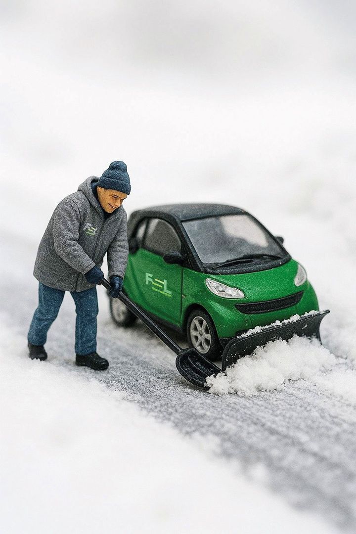 Eine Person schiebt einen im Schnee festgefahrenen grünen Smart auf einer verschneiten Straße