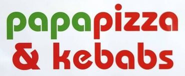 Un logotipo de Papa Pizza y kebabs sobre un fondo blanco