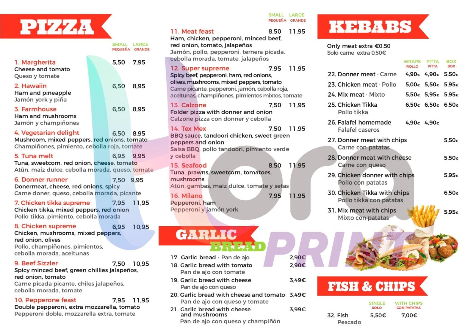 Un menú de pizza, kebabs y pescado con patatas fritas