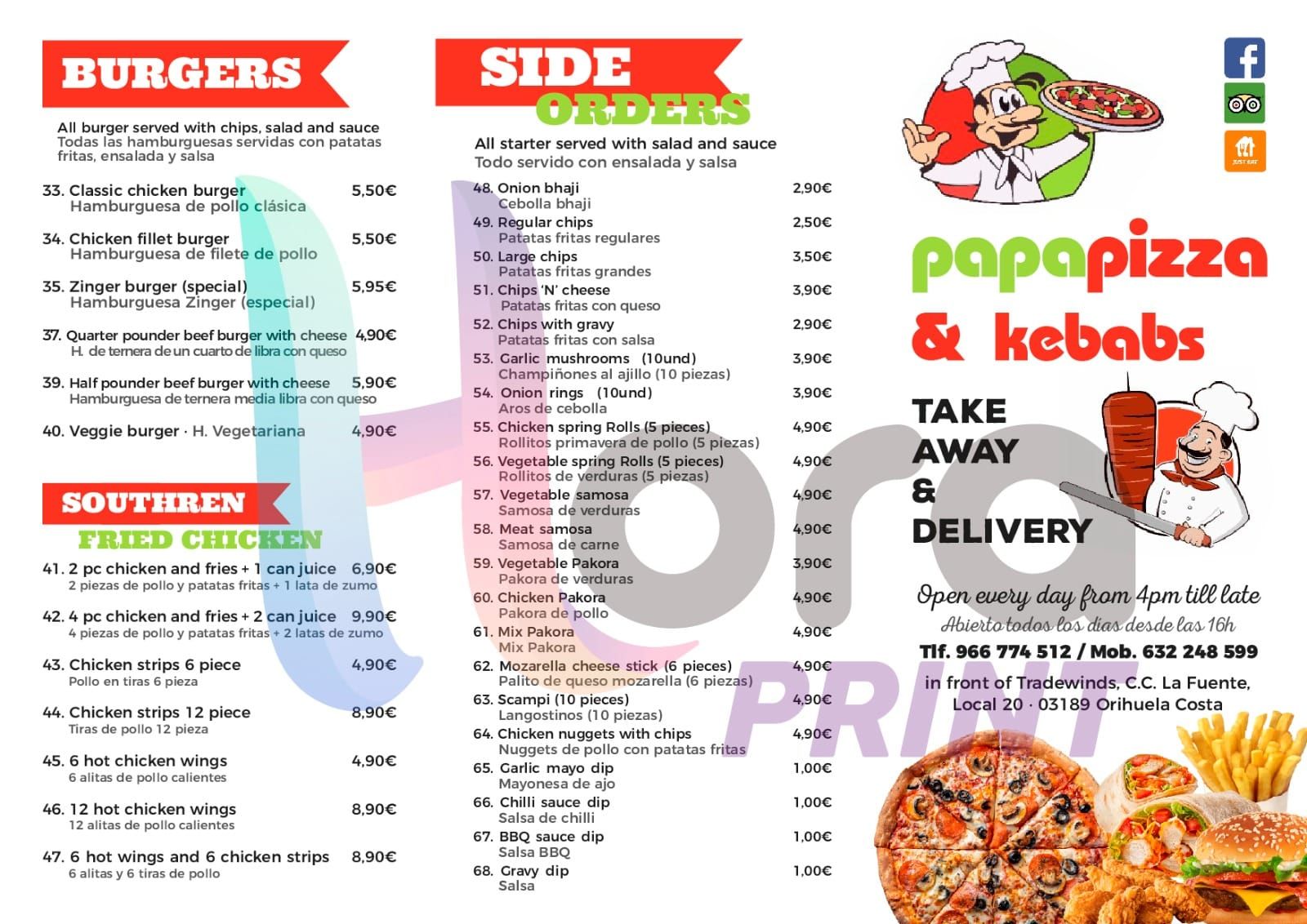 Un menú de papapizza y kebabs muestra hamburguesas y kebabs.