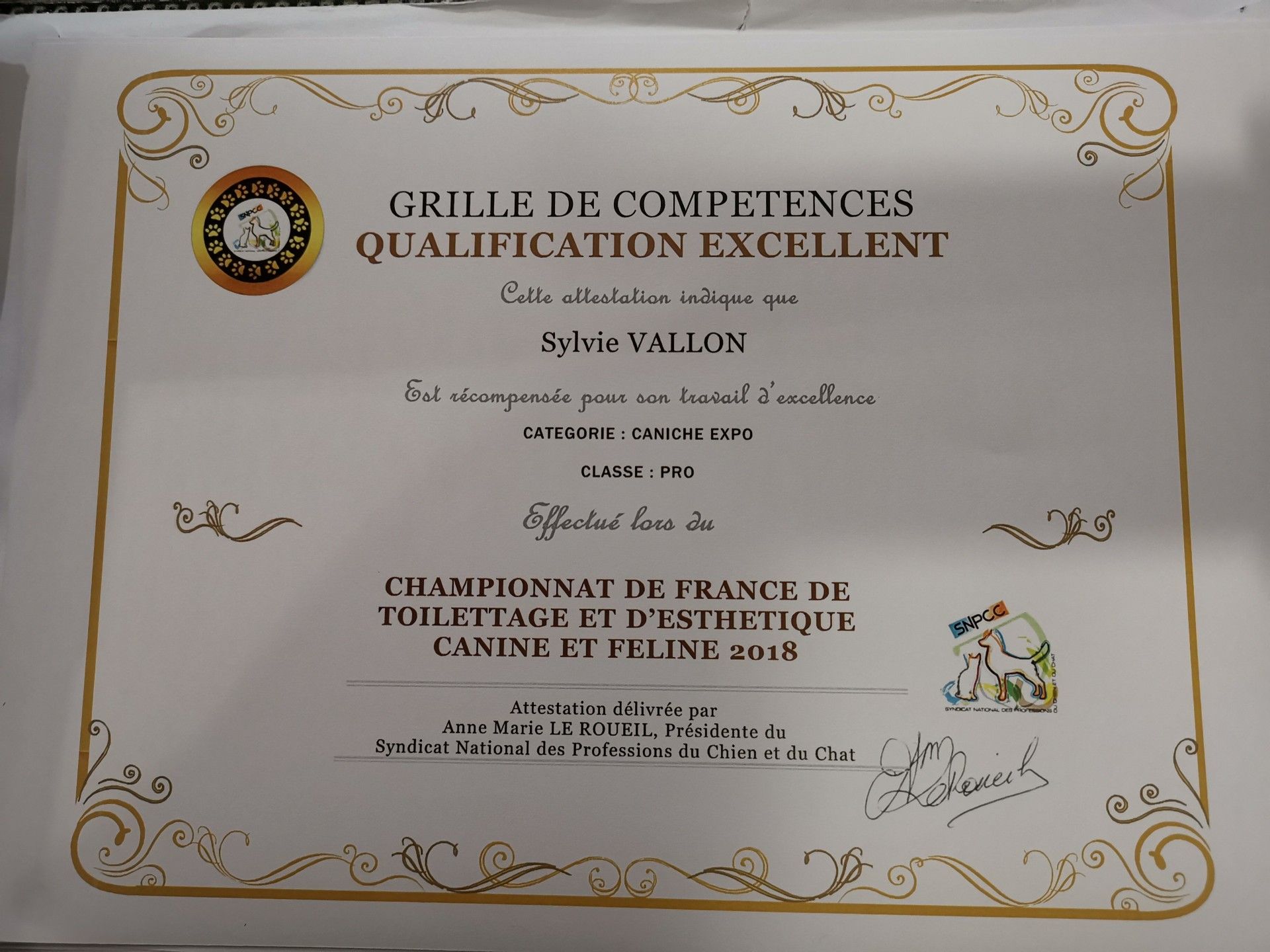 Certificat de réussite, qualification « Excellente », Sylvie Vallon, Concours Canin Français, 2018.