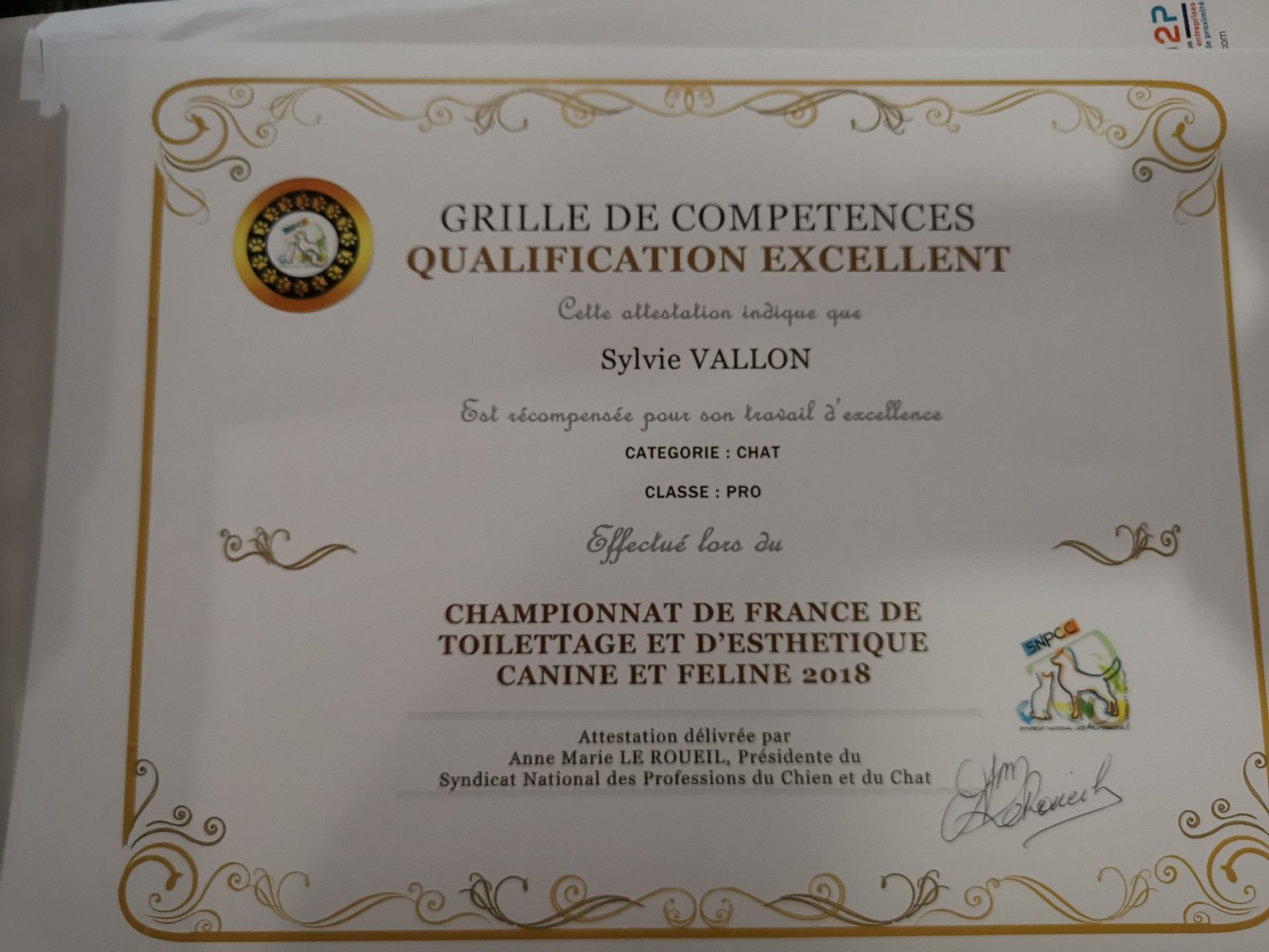 Certificat QUALIFICATION EXCELLENTE décerné à Sylvie VALLON pour le concours de toilettage français 2018.
