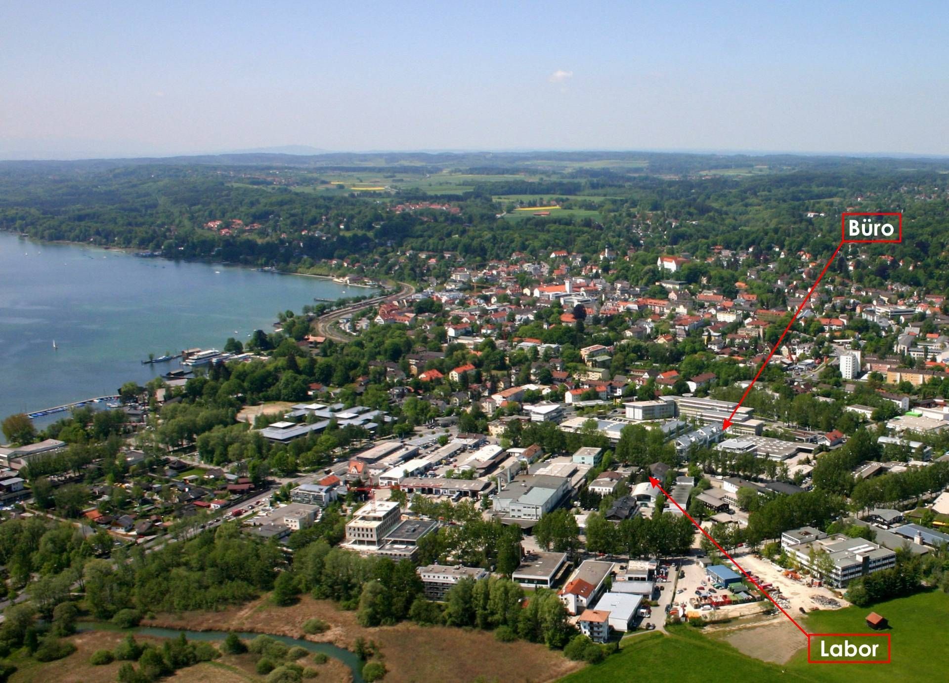 Luftbild von Starnberg, Büro und Labor von GHB sind eingezeichnet
