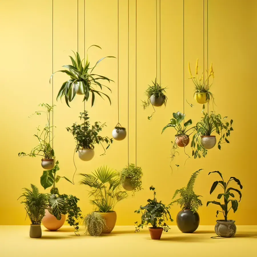 Un montón de plantas en macetas cuelgan del techo.