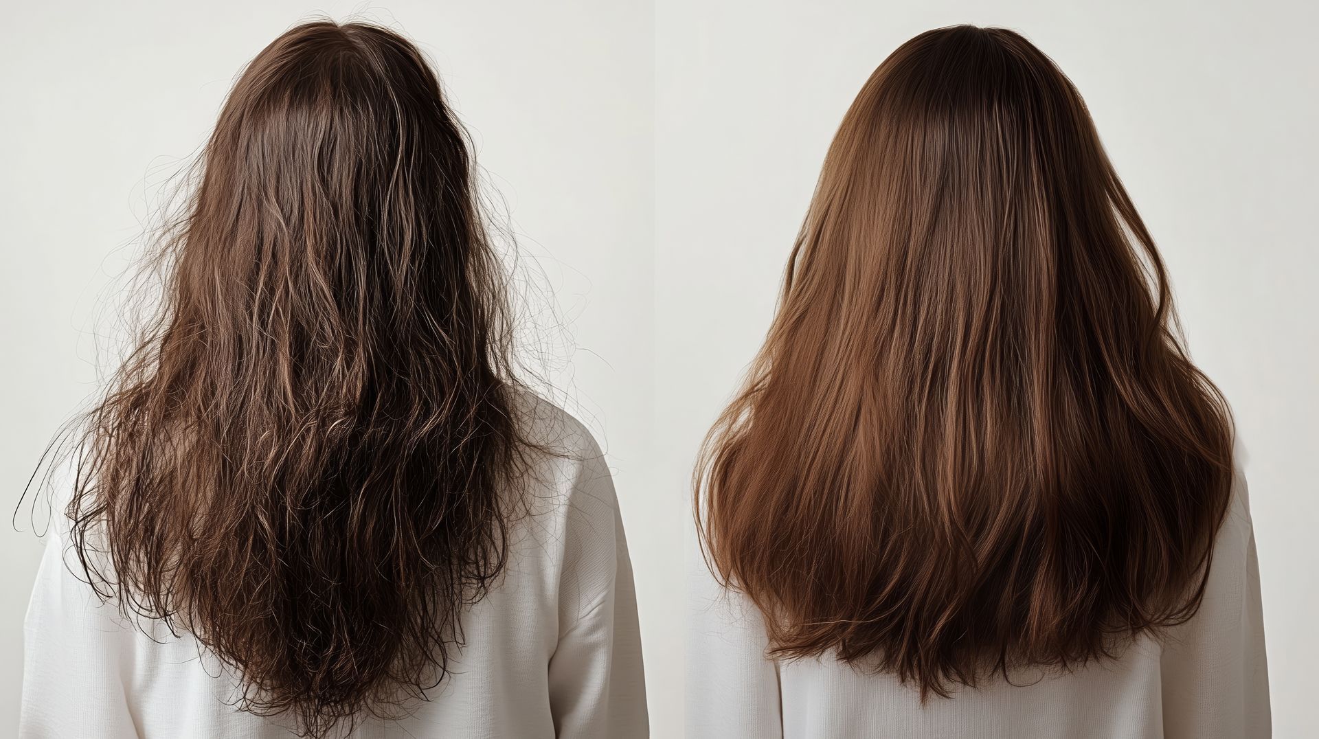 Comparaison : cheveux bruns frisés et emmêlés (à gauche) contre cheveux bruns lisses et brillants (à droite).