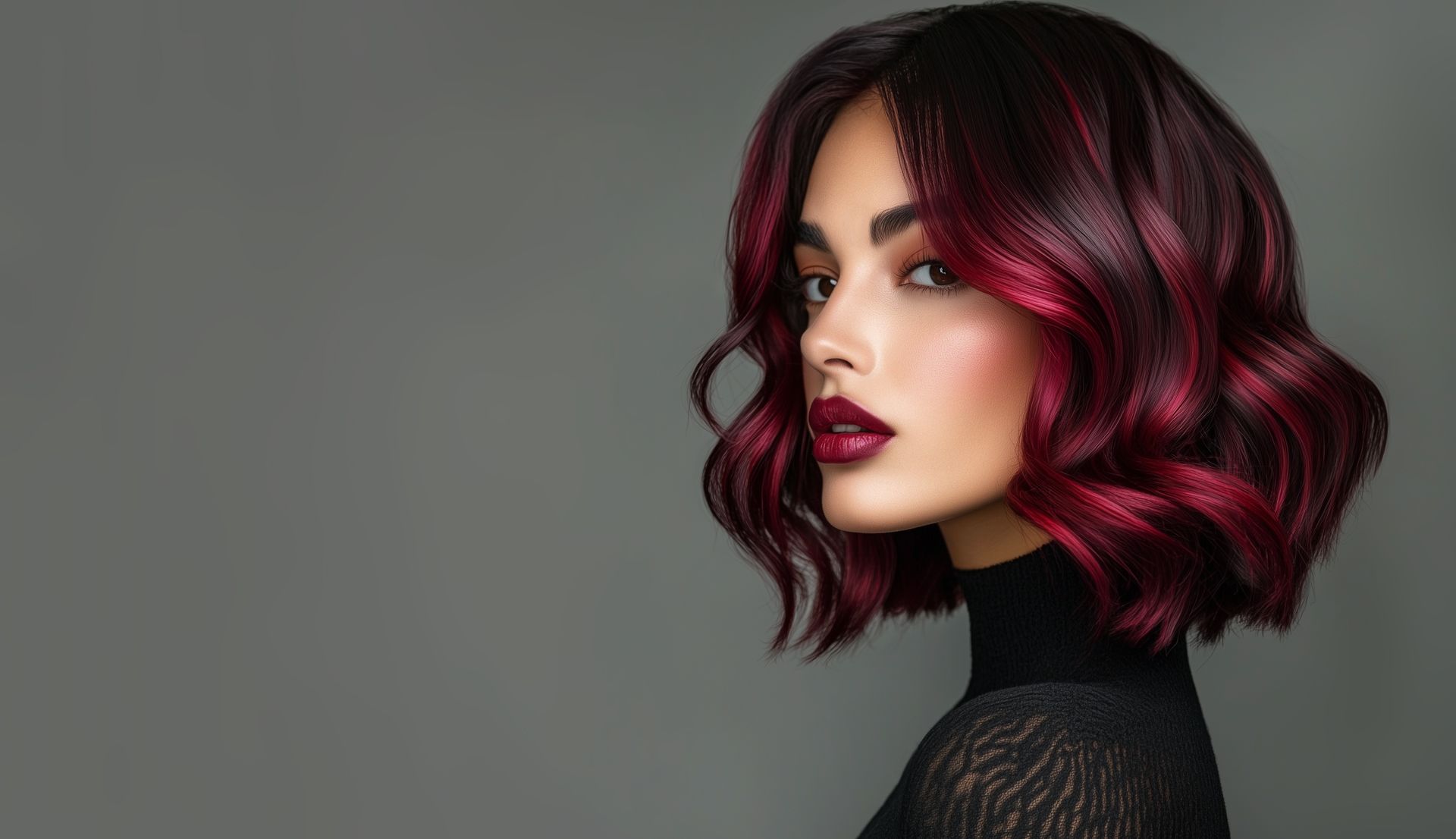 Femme aux cheveux ondulés rouge foncé et aux rouges à lèvres assortis, sur fond gris.