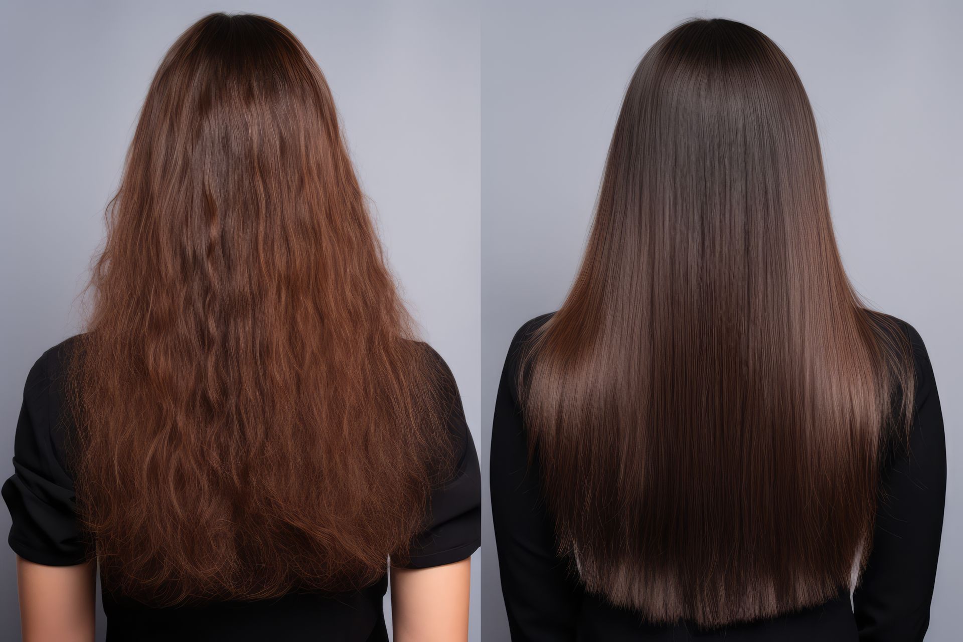 Avant et après : cheveux crépus et ternes à gauche, cheveux raides et brillants à droite.