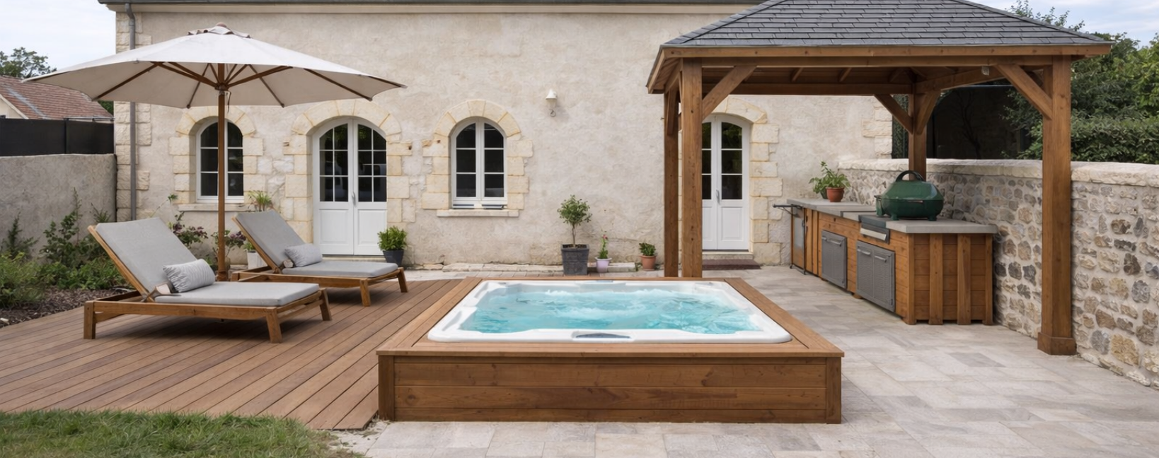 Une terrasse dans le jardin avec un jacuzzi, des chaises longues, un parasol et un gazebo en bois.