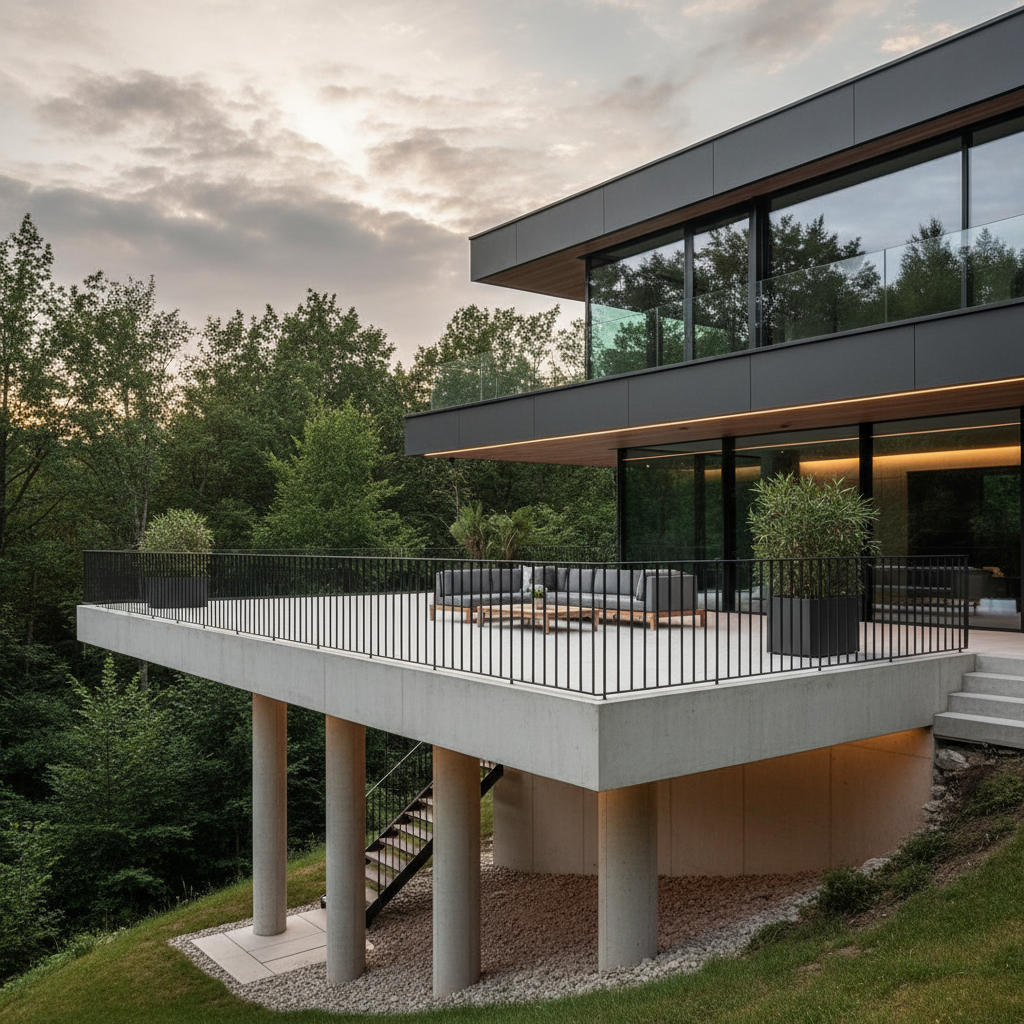 Maison moderne avec une grande terrasse donnant sur une forêt. Façade grise, balustrades noires et fenêtres en verre.