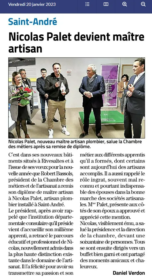 Article de journal pour la reconnaissance de Maître Artisan