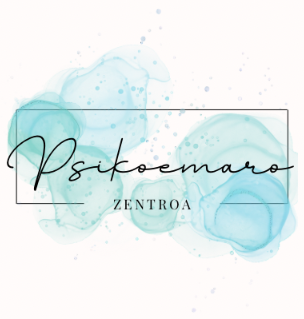 Logotipo de Psikoemaro Zentroa con c&iacute;rculos de acuarela azules y un fino borde rectangular
