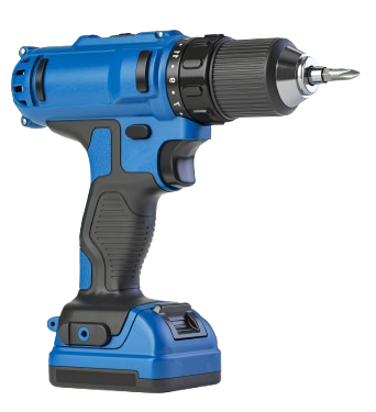 Perceuse sans fil bleu et noir avec un mandrin noir et un embout cruciforme.