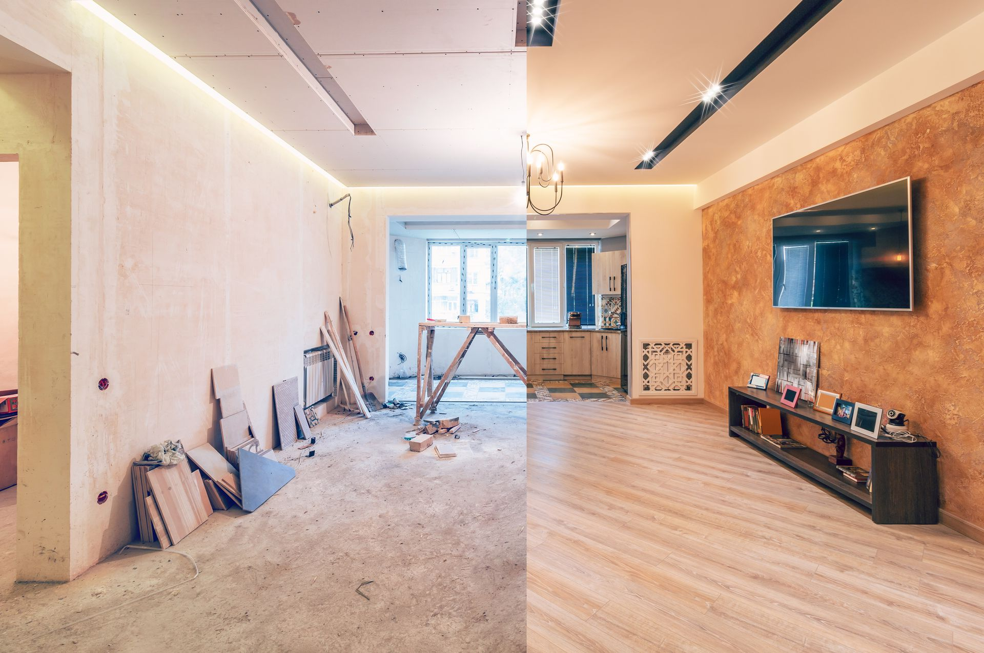 Comparaison de rénovation de salon : le côté gauche montre les murs non finis, le côté droit montre la pièce finie avec télévision et décoration.