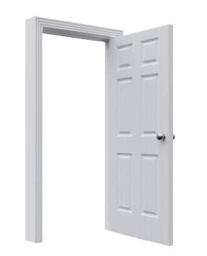 Porte blanche, partiellement ouverte, dans un cadre de porte blanc assorti, sur fond blanc.