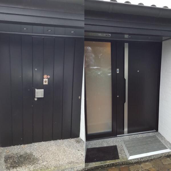 Ein Bild von einem schwarzen Garagentor und ein Bild von einer schwarzen Tür