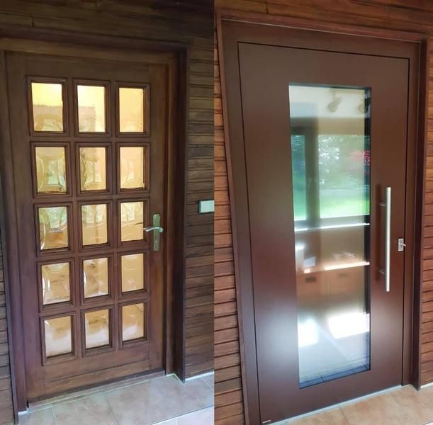 Ein Vorher-Nachher-Foto einer Holztür mit einer Glastür